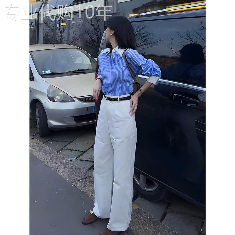 蓝色polo领条纹衬衫女春秋季欧货宽松翻领撞色长袖衬衣设计感上衣