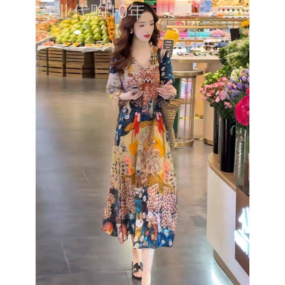高端优雅,美丽的碎花裙,夏季裙,大码宽松修身海滨度假裙