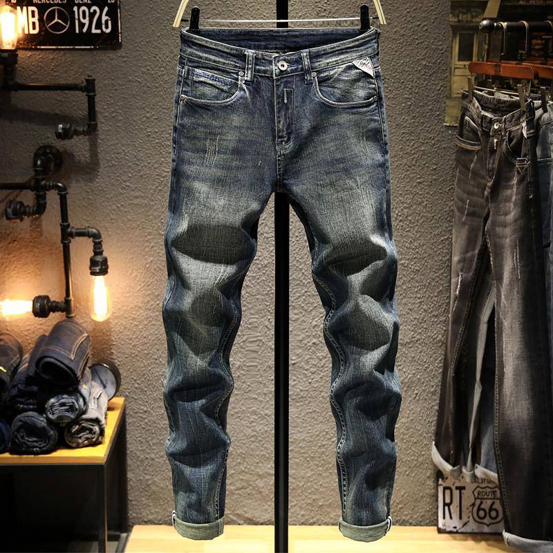 潮牌高端牛仔裤男欧美覆古蓝色加绒做旧修身小脚弹力青年休闲长裤