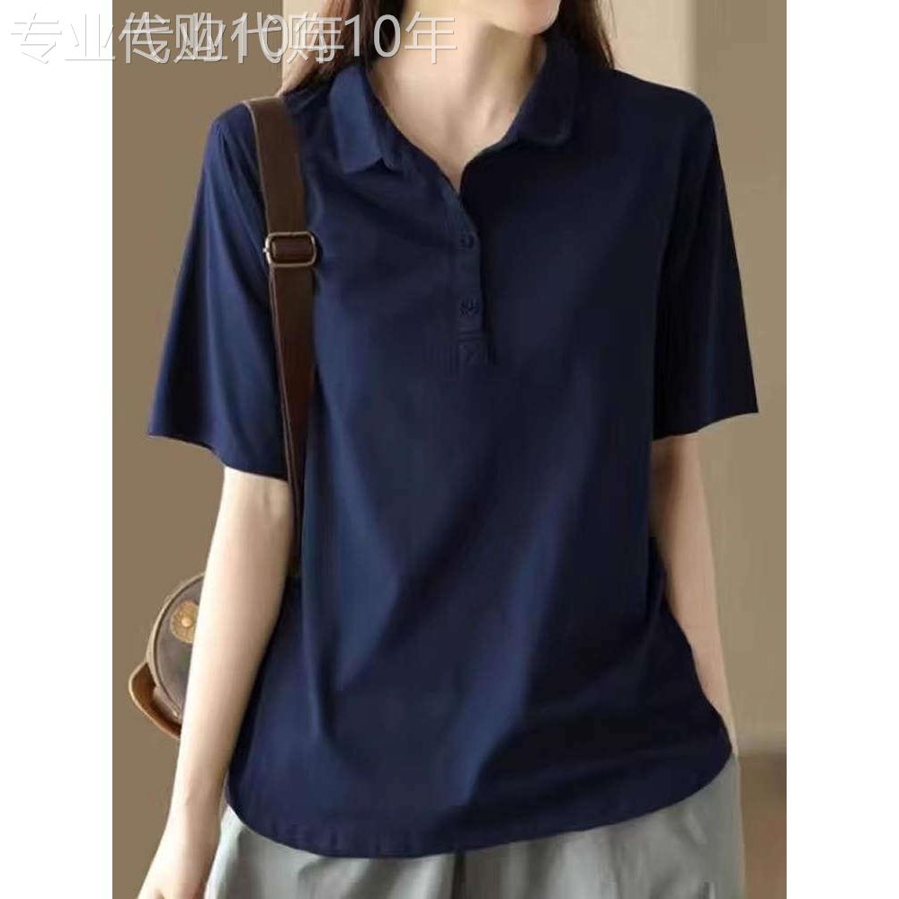 纯棉POLO领上衣女2025夏季百搭文艺休闲短袖T恤女印花翻领体恤衫
