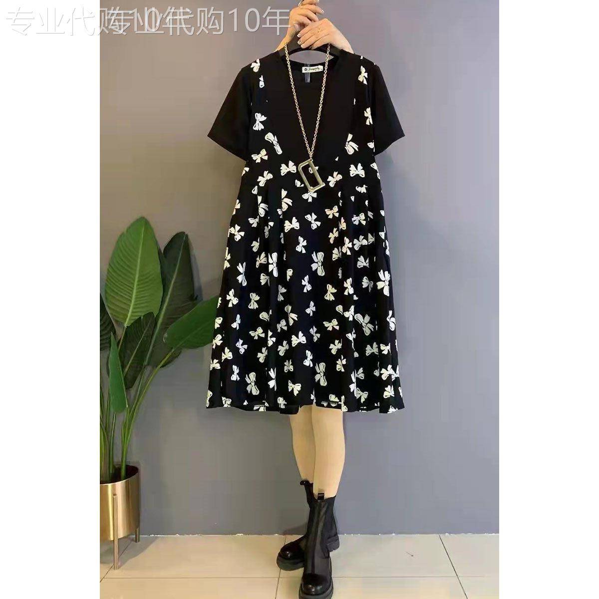 香港大码女装夏季新款气质收腰微胖妹妹遮肚显瘦a字假两件连衣裙