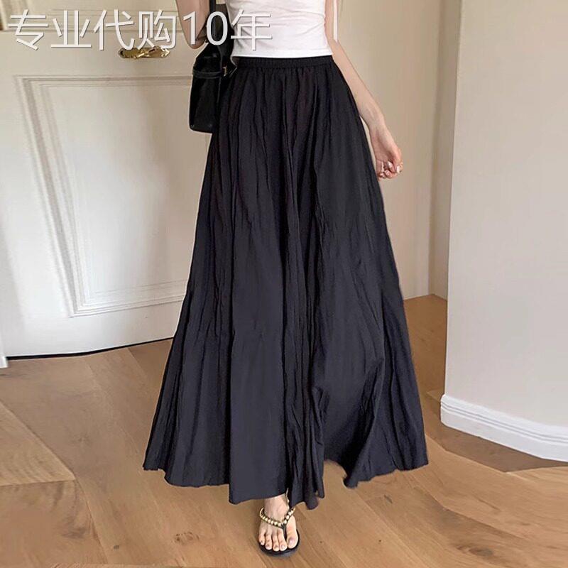 黑色棉麻半身裙女2026新款夏季a字高腰显瘦中长版褶皱大摆长裙子