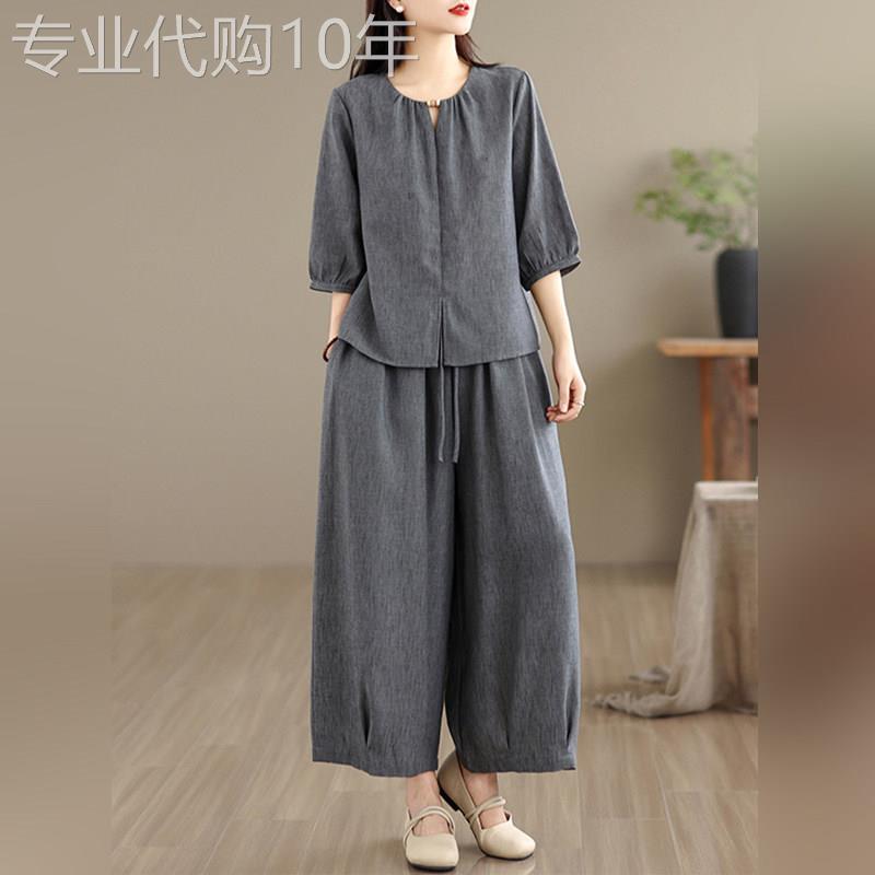 潮牌棉麻套装女士夏季2026年超火穿搭一整套中袖衬衫阔腿裤两件套