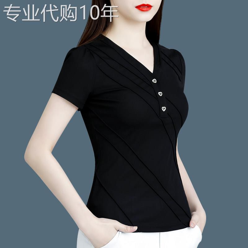egmg短袖T恤女夏季2026年新款洋派小衫遮肚子薄款黑色短款V领上衣