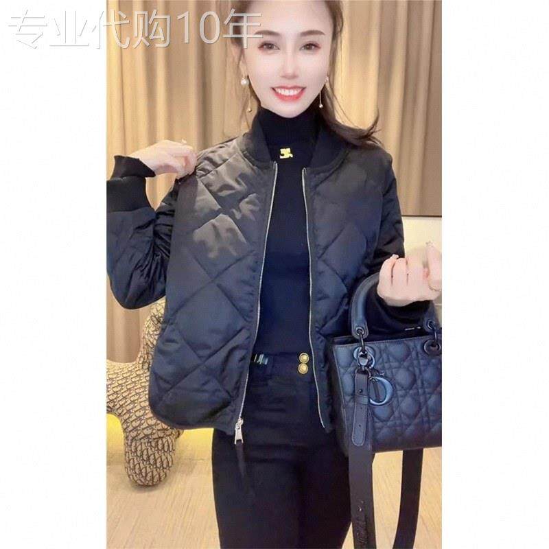 黑色菱形格羽绒棉服女秋冬季欧货圆领拉链薄棉外套短款百搭二棉衣