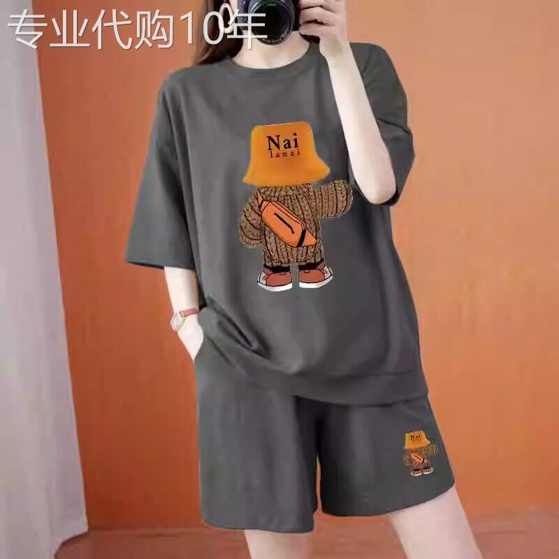 休闲套装女夏季薄款2026新款纯棉时尚洋派短袖大尺码运动短裤两件