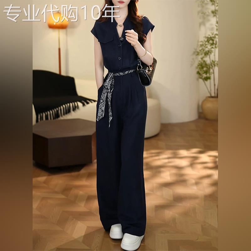 潮牌高级感时尚套装女夏季设计感洋派减龄短袖高腰宽裤子两件套