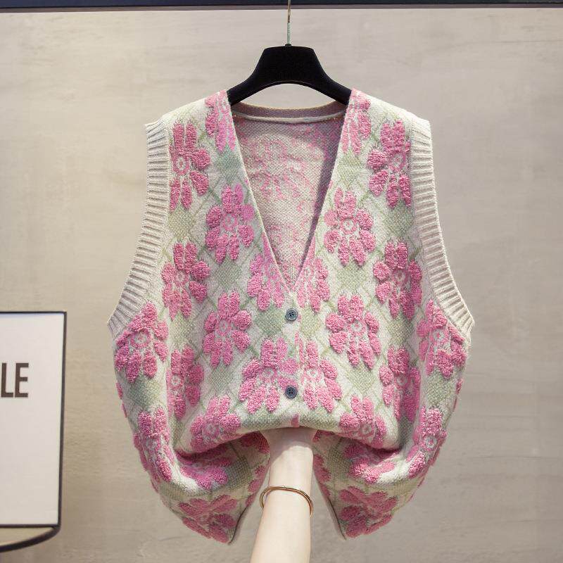高端粉色花朵开衫v领针织马甲背心女25春秋新款宽松马夹叠穿毛衣