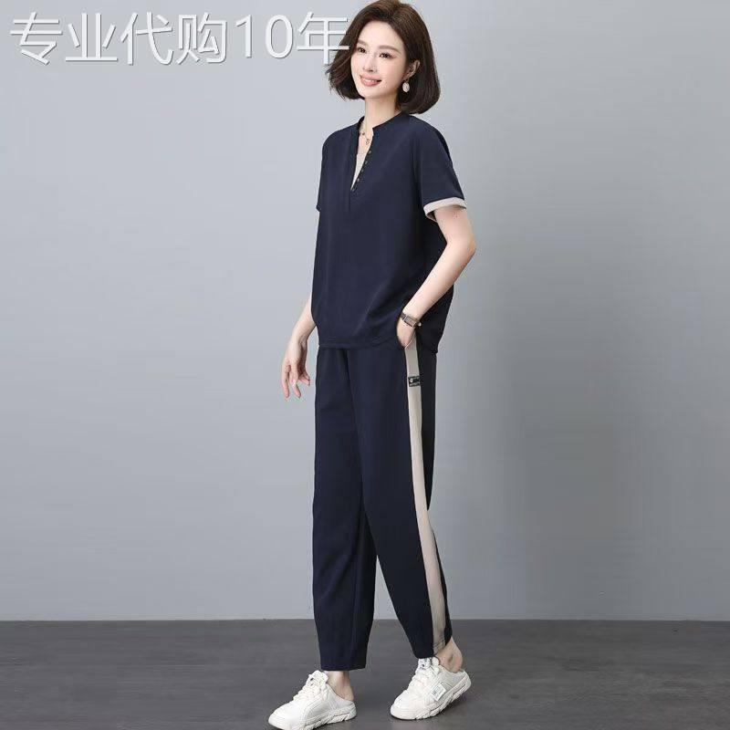 潮牌中老年妈妈运动套装女士2026夏季新款短袖T恤上衣洋派两件套