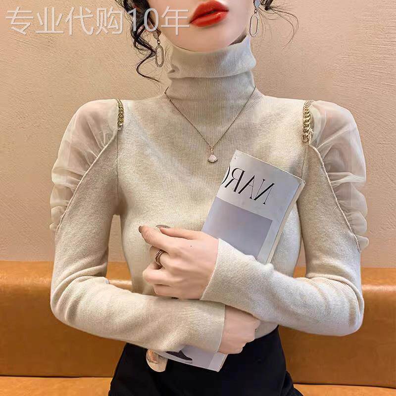 堆堆高领打底衫女秋冬2025新款内搭时尚洋气修身露肩网纱小衫上衣