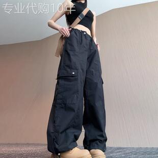 潮牌美式工装阔腿裤女夏季大尺码高腰抽绳显瘦百搭宽松休闲束口裤