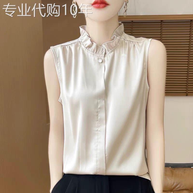 egmg法式无袖木耳领洋气小衫夏季新款内搭缎面衬衫上衣背心T恤女