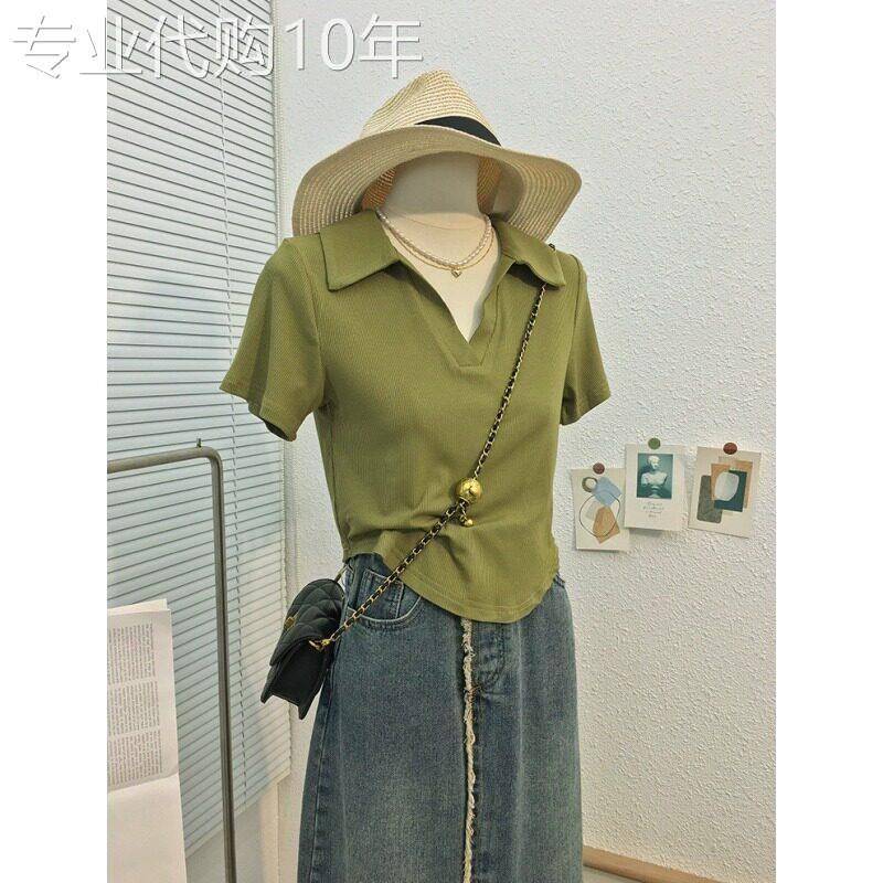 绿色polo领正肩短袖t恤女夏季薄款不规则体恤小个子修身短款上衣
