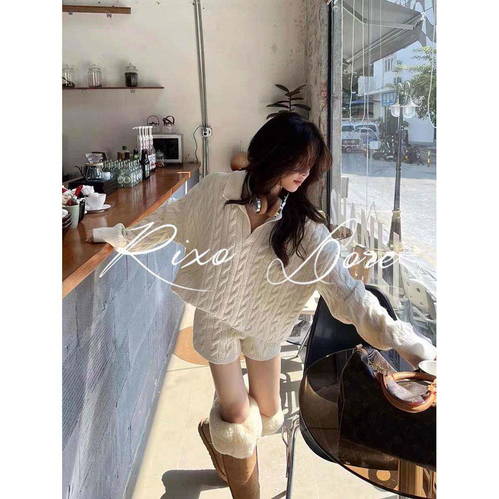 RIXO DORE法式新款翻领显瘦高级感麻花针织衫毛衣短裤时尚套装女