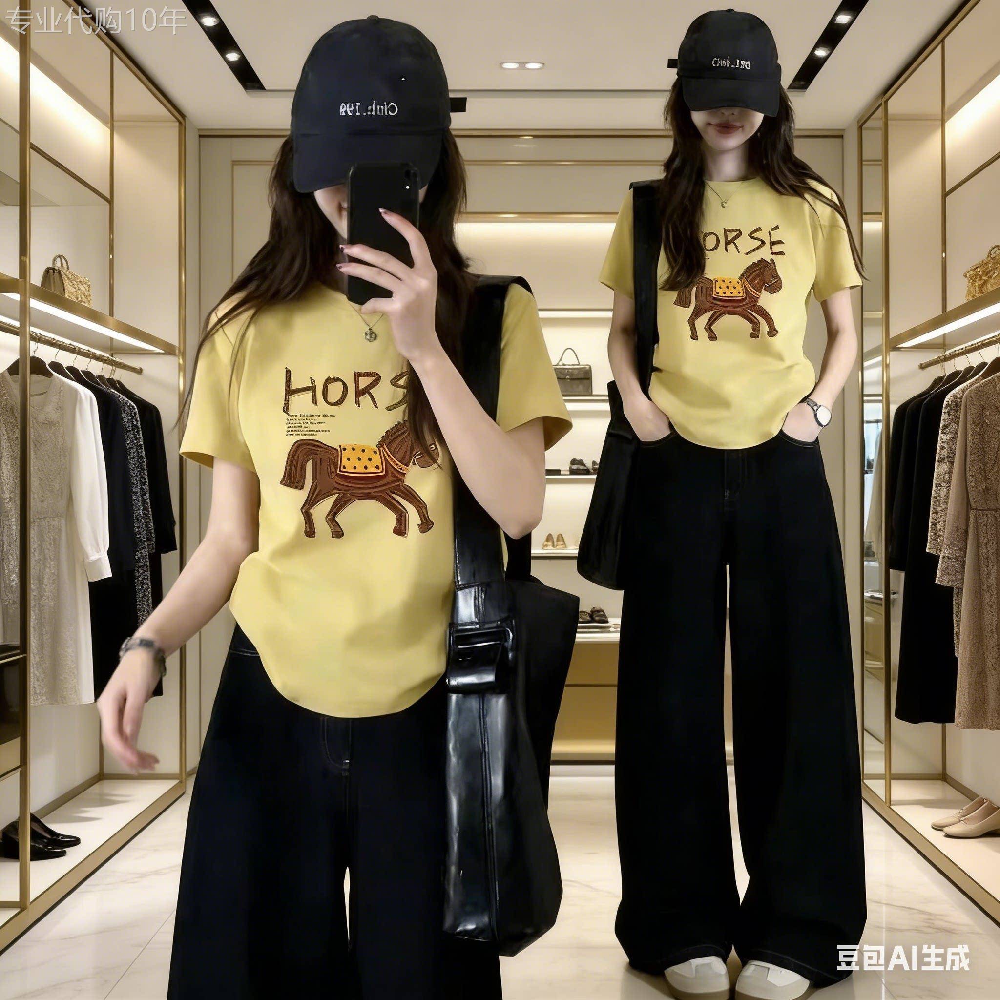 姜黄色正肩大码短袖t恤女夏季2026爆款马印花胖MM遮肚子圆领上衣