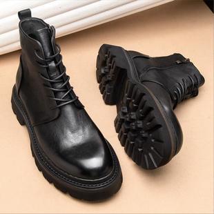 韩国专柜潮牌马丁靴男英伦真皮复古短靴圆头工装高帮皮鞋厚底男靴