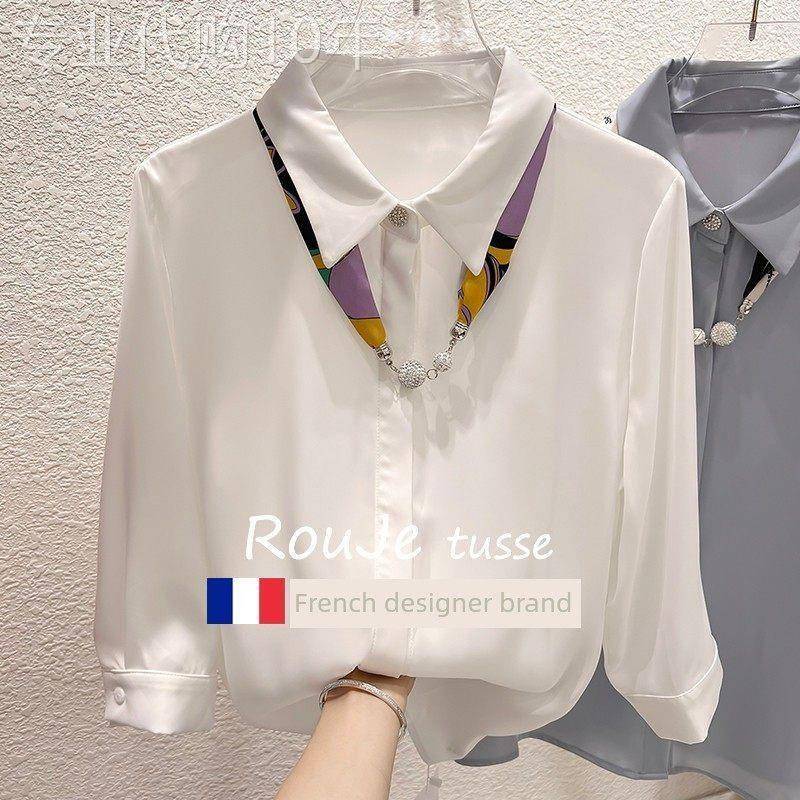 法国Rouje tusse法式气质纯色翻领丝巾装饰七分袖雪纺衫女秋小衫
