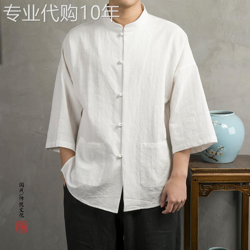 新中式棉麻衬衫男轻奢盘扣夏季薄款七分袖上衣服宽松休闲立领唐装