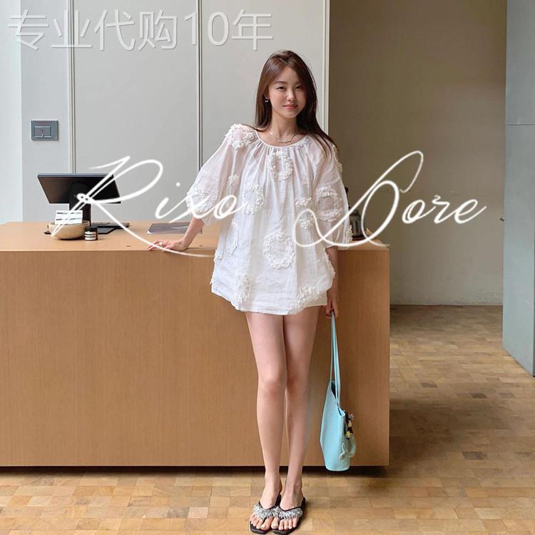 RIXO DORE法式白色圆领轻薄防晒衬衫女重工立体花朵小众绣花上衣