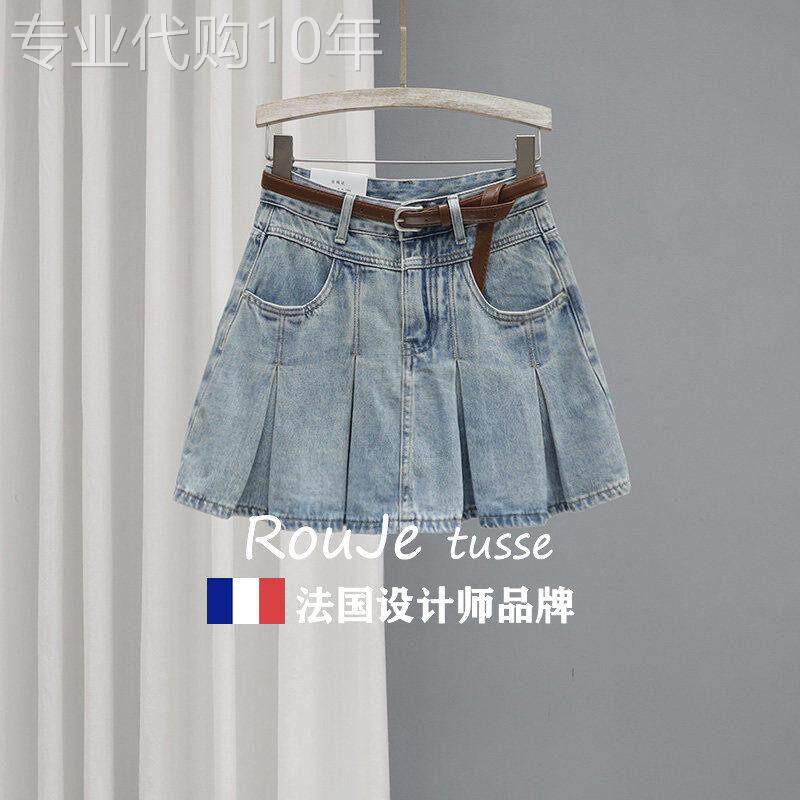 Rouje tusse夏季牛仔裙女高腰褶皱半身裙宽松显瘦防走光a字短裙