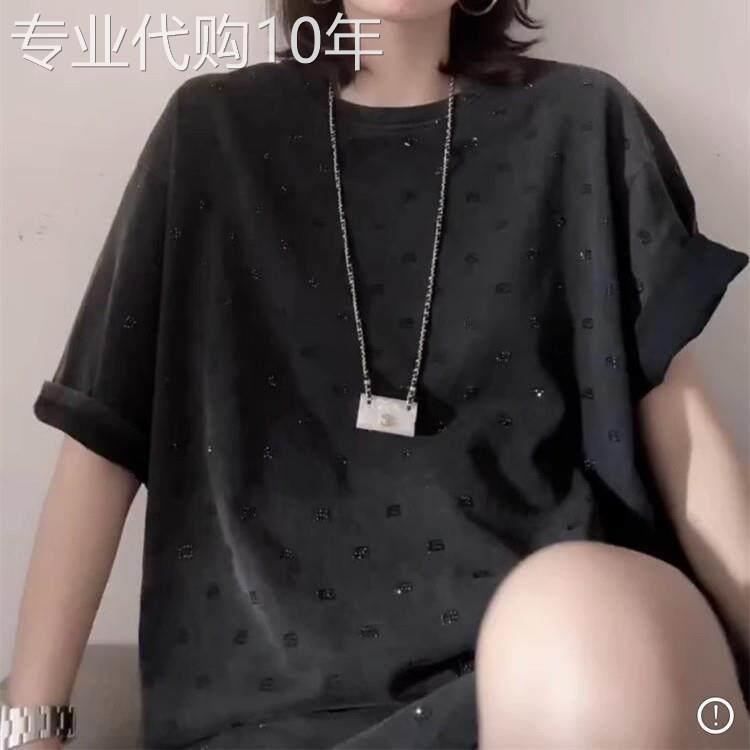 重工字母镶钻短袖T恤女夏季欧货大版体恤遮屁股下衣失踪上衣大码