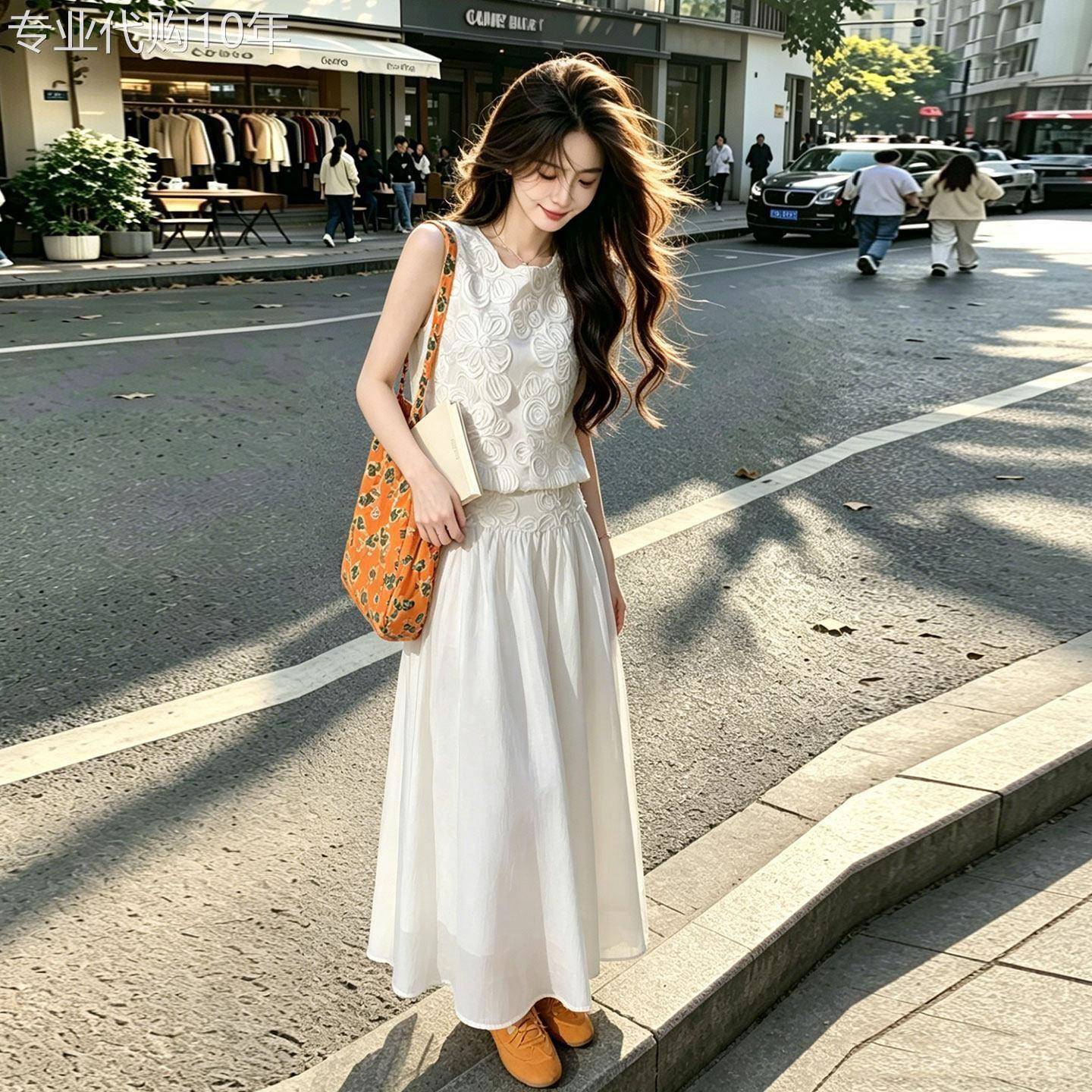 2026新款夏季白色氛围感两件套女法式蕾丝刺绣上衣高腰半身裙套装