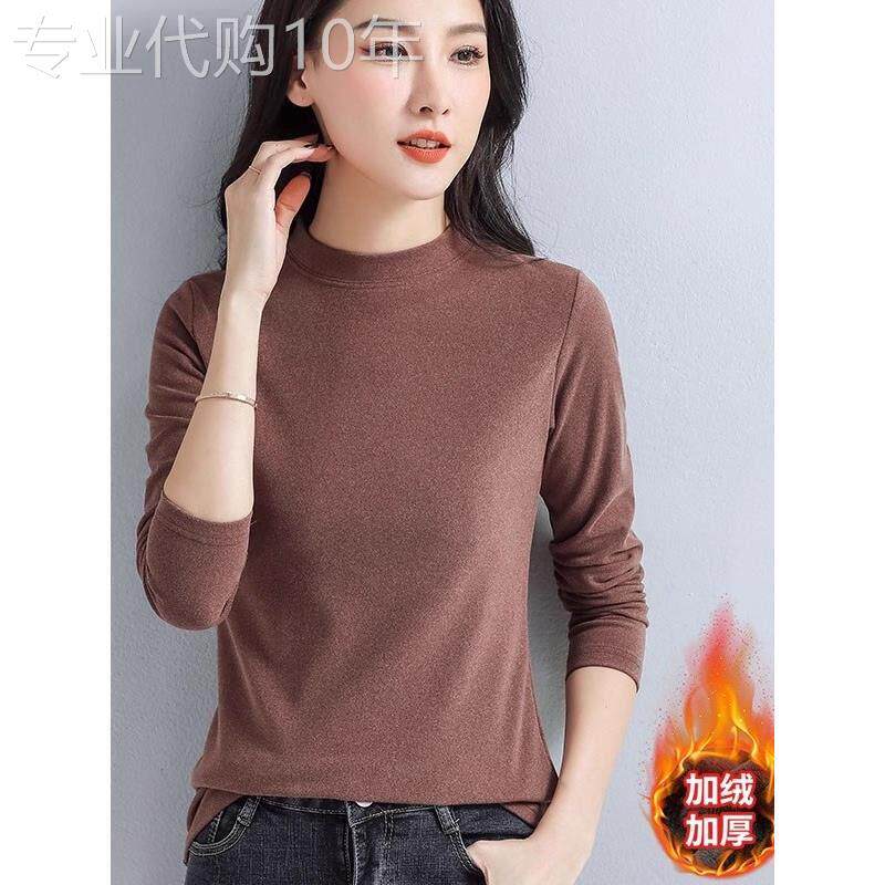 egmg咖啡色半高领德绒打底衫女2025新款秋冬内搭修身加绒保暖上衣
