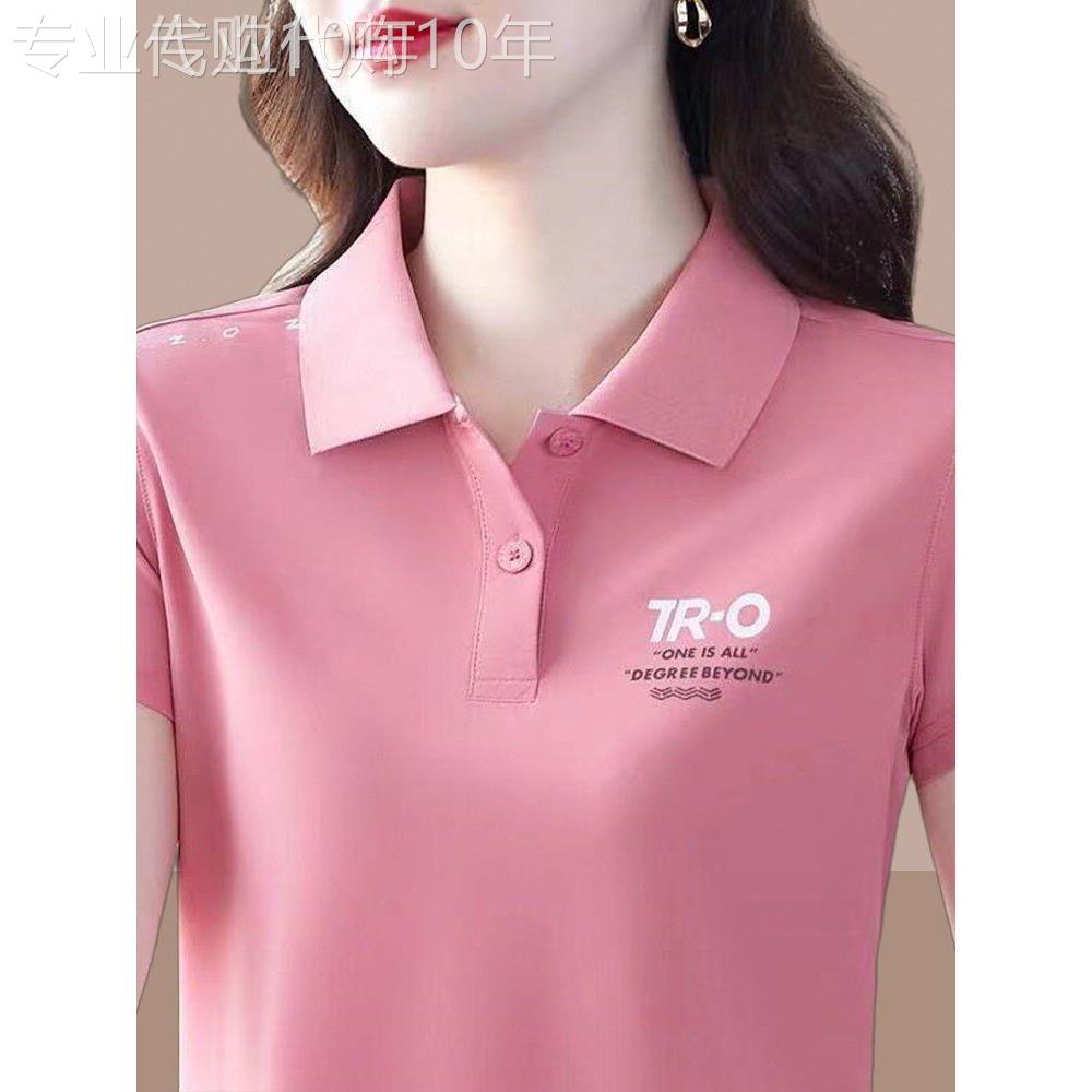 潮牌纯棉翻领短袖t恤女士新款polo衫夏中老年妈妈装运动上衣洋气