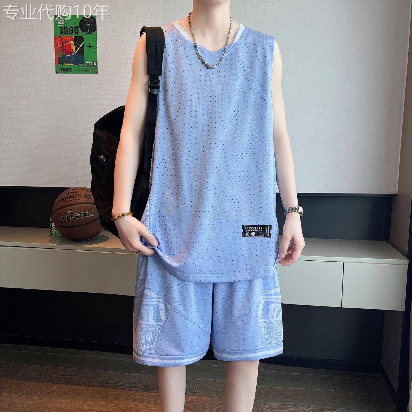 无袖篮球服套装男夏冰丝速干透气青少年球衣休闲运动背心短裤一套
