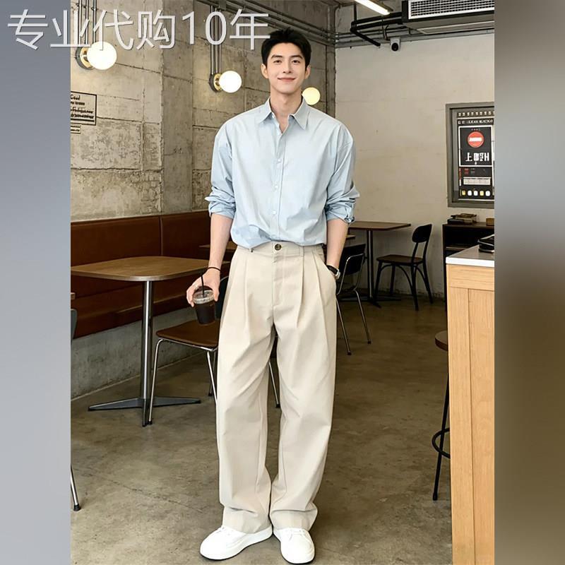 轻奢老钱风人夫感穿搭男生休闲套装高级感蓝色衬衫直筒西裤一整套
