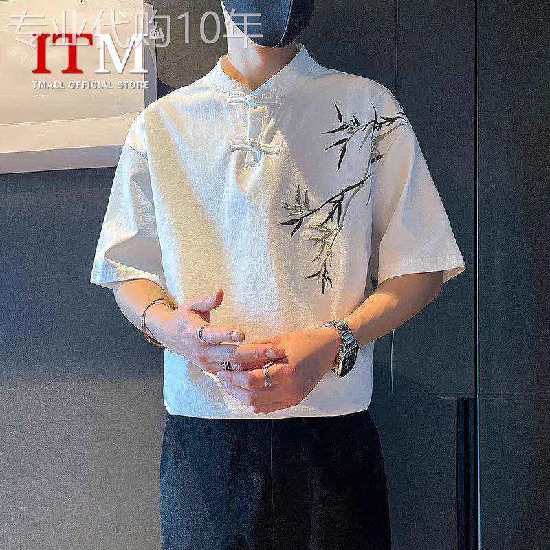 新中式立领短袖衬衫男士夏季2025新款国风男装刺绣订婚衬衣服男款