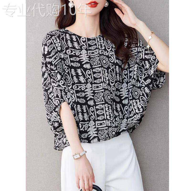 蝙蝠袖雪纺衫女夏季短袖2026新款设计感小众印花宽松显瘦圆领上衣