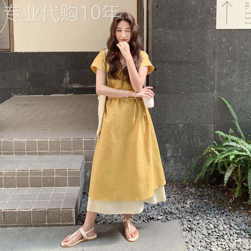 黄色法式气质V领连衣裙女2025夏季新款设计感假两件收腰茶歇长裙