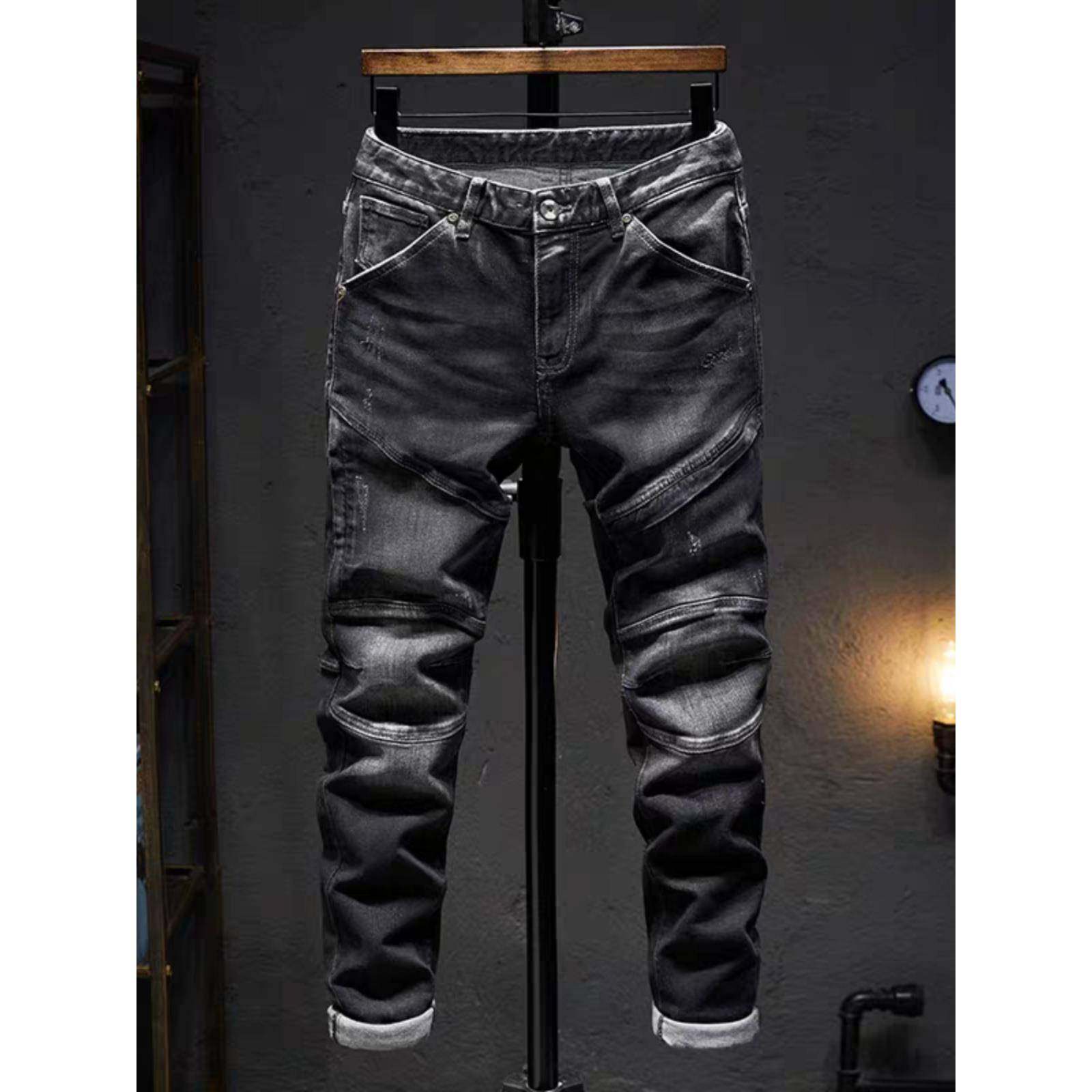 潮牌黑色牛仔裤男欧美破洞补丁弹力修身刮烂个性机车拼接直筒长裤