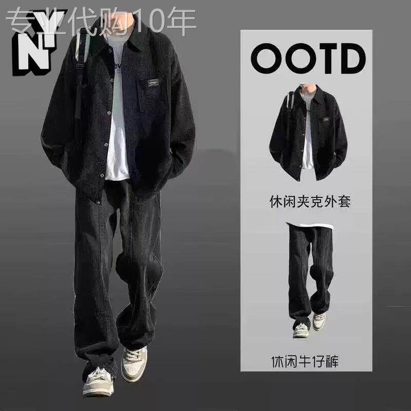 NY夹克休闲套装男士春秋季痞帅气一套搭配潮牌宽松百搭上衣两件套