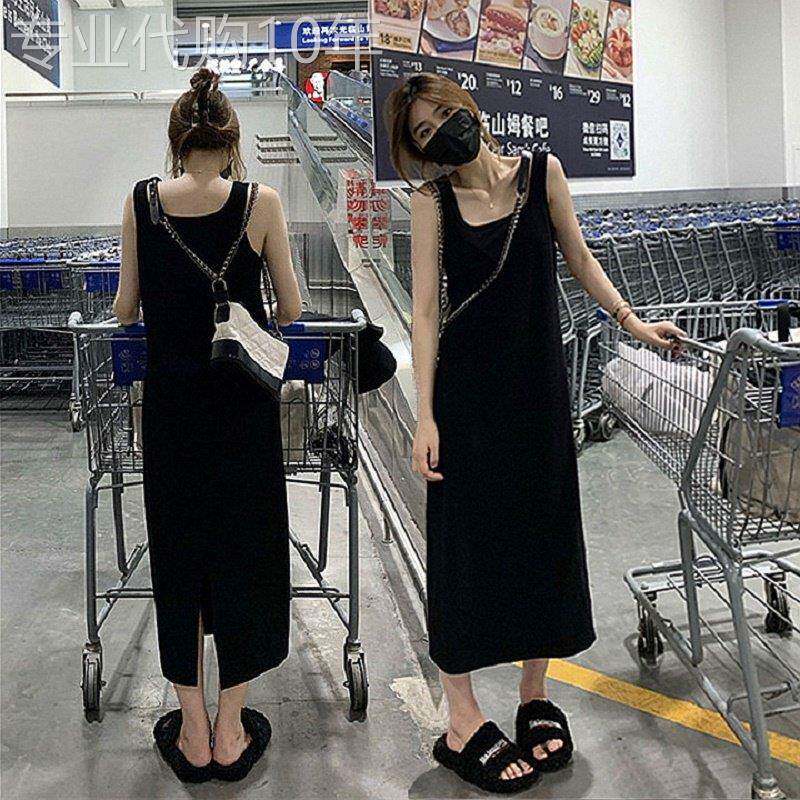 黑色抱婴袋洋装女早秋内搭欧货小个子中长版无袖打底吊带背心长裙