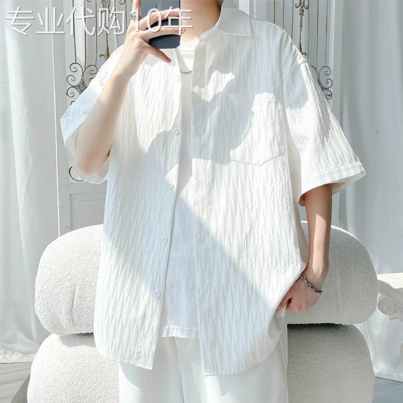 冰丝短袖衬衫男夏季2025新款潮牌青少年痞帅休闲上衣宽松衬衣外套