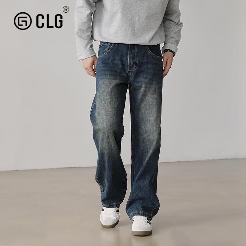 香港CLG潮牌复古窄版阔腿牛仔裤男新款宽松显瘦直筒百搭休闲裤子