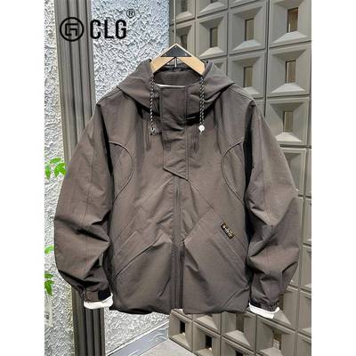 香港CLG潮牌秋季新款连帽冲锋衣外套时尚个性帅气工装设计款夹克