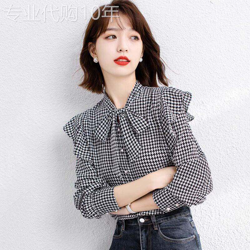 千鸟格雪纺衬衫女长袖春秋2025年新款韩版设计感小众洋气小衫上衣