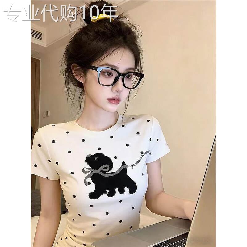 韩系小狗波点正肩短袖t恤女2026夏季新款修身显瘦设计感小众上衣