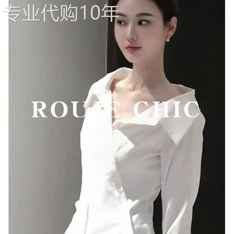 法国rouje chic白色斜边扣露肩长袖衬衫女春季纯欲风修身收腰衬衣