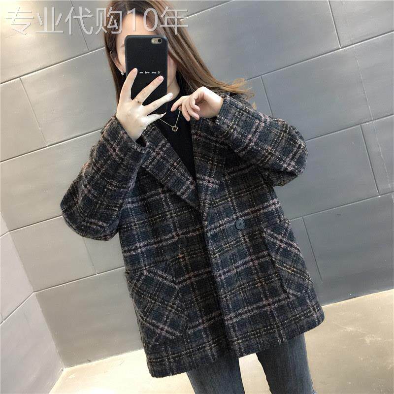 格子西装外套女韩版英伦风春秋设计感宽松毛呢大衣休闲短款小西服
