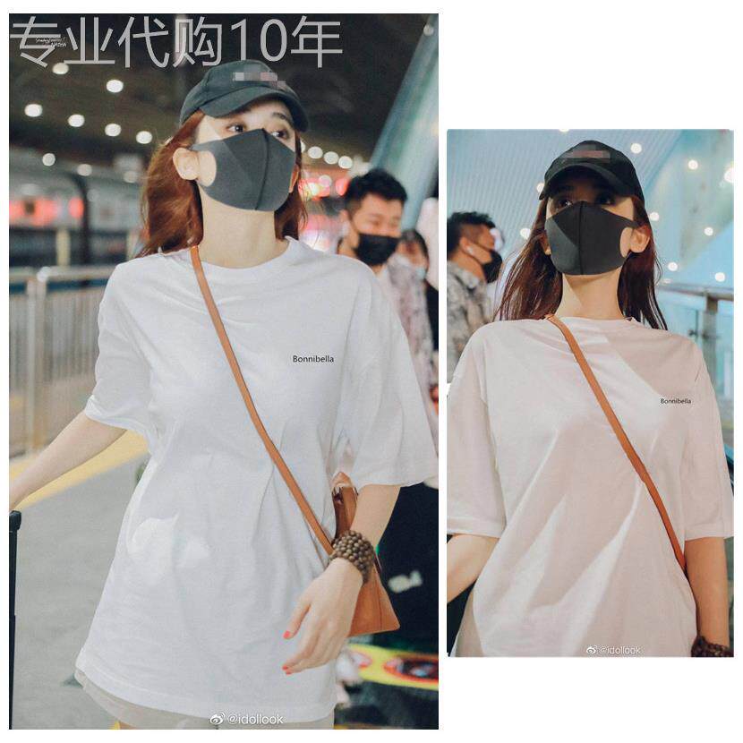 古力娜扎明星同款2025夏简约宽松中长版字母上衣短袖白色T恤女潮