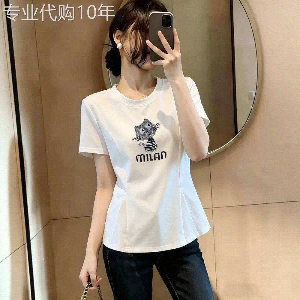 2026新款圆领短袖正肩T恤女宽松显瘦字母拼接荷叶边大码体恤上衣