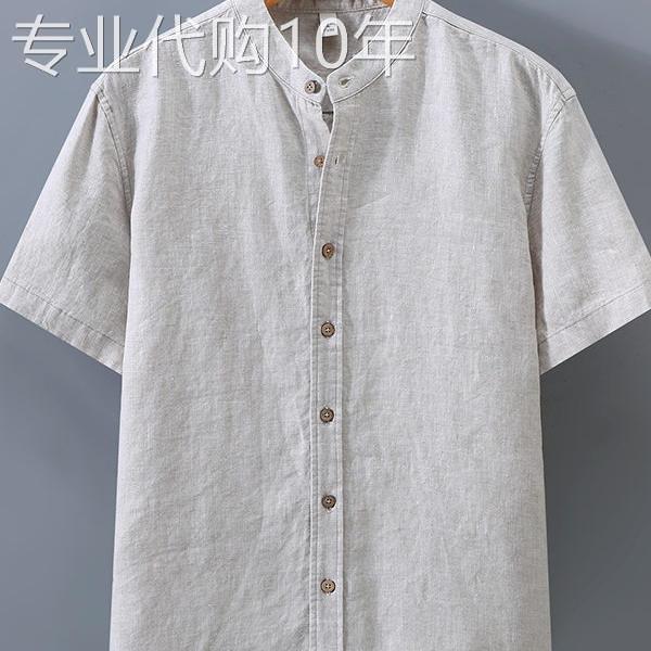 100%纯亚麻短袖中式立领唐装 水洗复古休闲衬衫男装