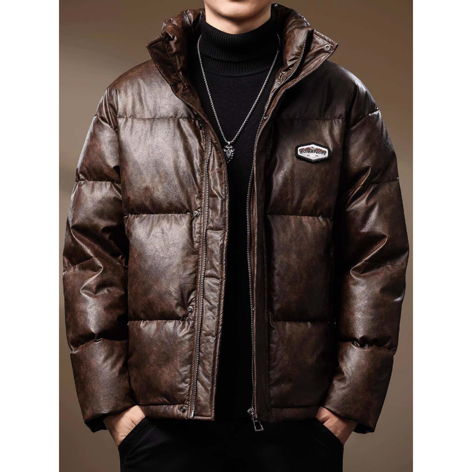 法国高端品牌90%白鸭绒羽绒服男士加厚保暖立领PU皮夹克外套冬季