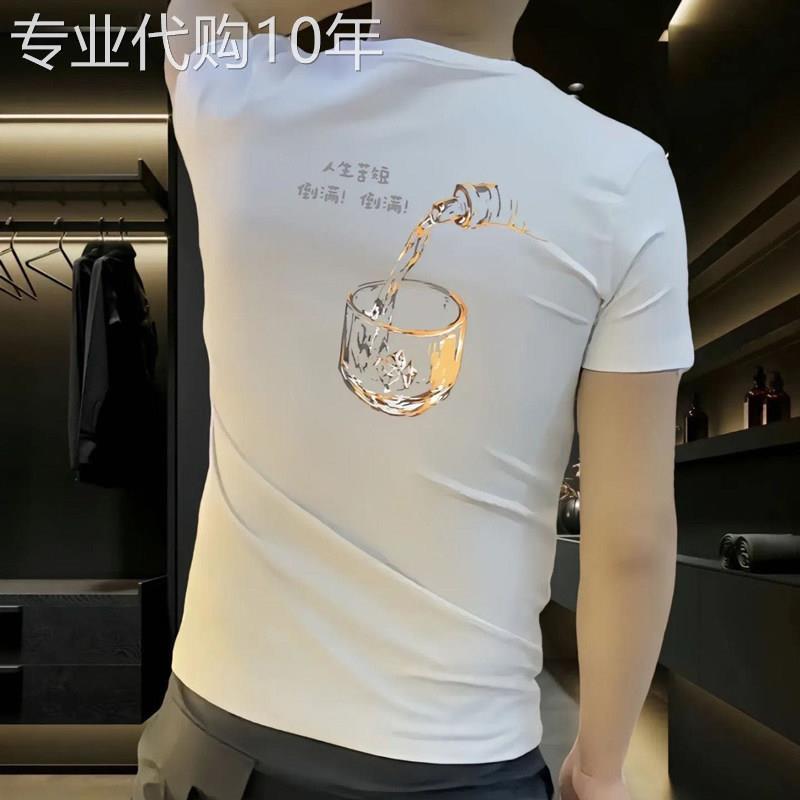 冰丝短袖T恤男士夏季潮牌印花修身白色圆领体恤休闲百搭男装上衣