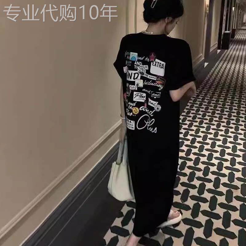 孕妇懒人中长款过膝T恤裙女夏季欧货涂鸦印花纯棉短袖连衣裙大码