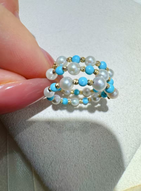 意大利工艺18K黄金天然绿松石akoya日本海水珍珠弹力戒指